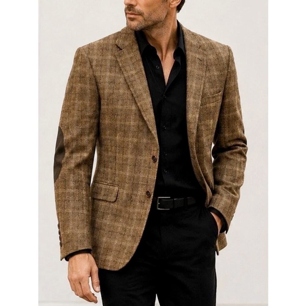 Jos A Bank Mens 44R Brown Plaid 100% Wool Blazer Elbow Patches Tailored Fit EUC